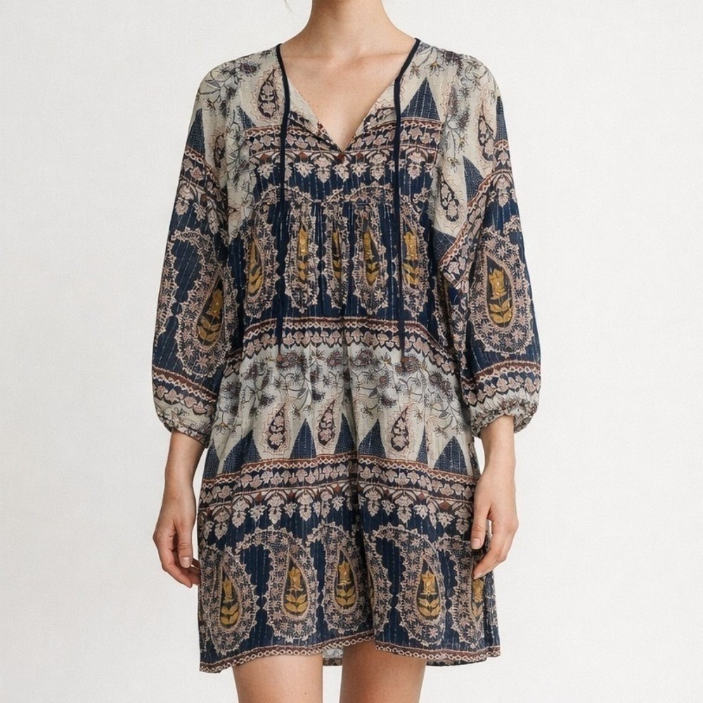 Pink Chicken Paisley Mini Dress XS Blue Cream Oversized Boho Peasant Cottagecore